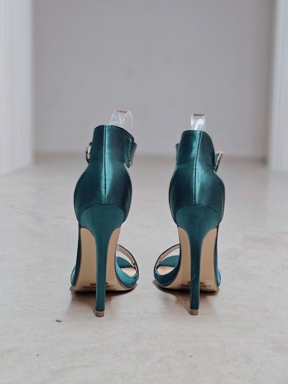 Teal Satin High Heel Sandals With Ankle Strap & Grommet Detail Womens - Picture 8 of 13